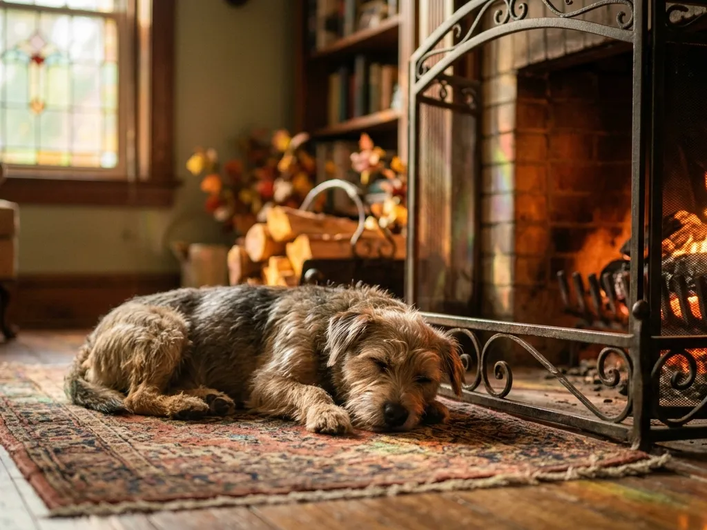 Ghibli-Chiaroscuro Dog Fireplace Portrait
