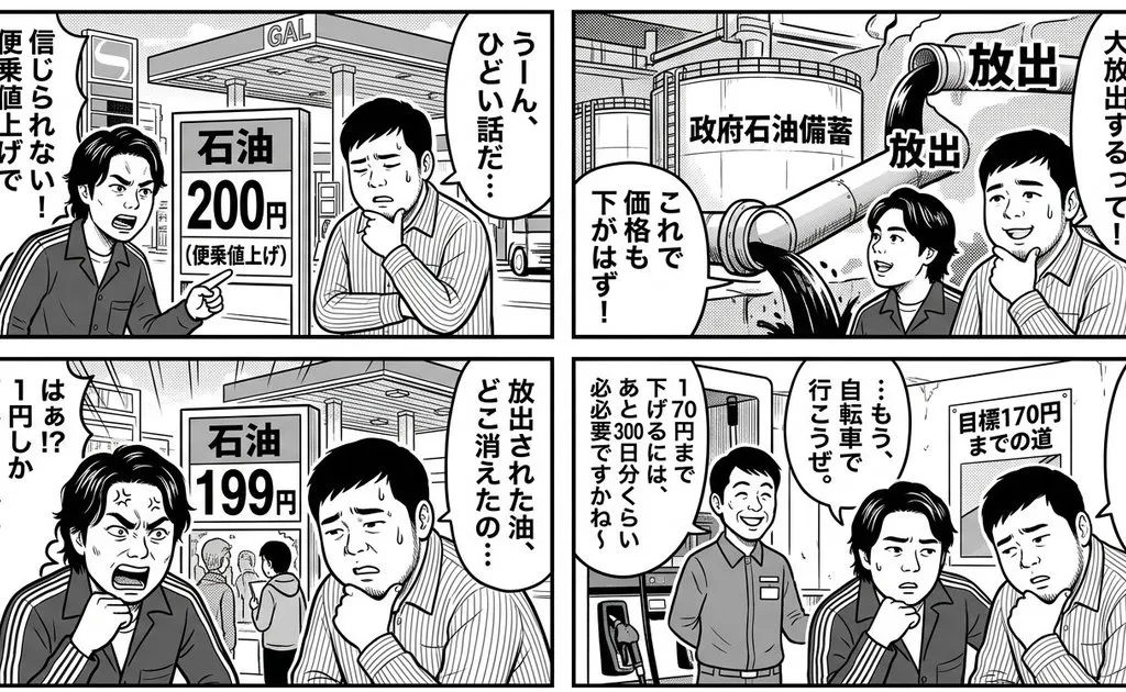 Comic / Storyboard - 4-Panel Manga: The Long Road to 170 Yen Gasoline Price