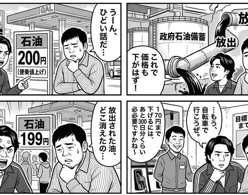 Comic / Storyboard - 4-Panel Manga: The Long Road to 170 Yen Gasoline Price