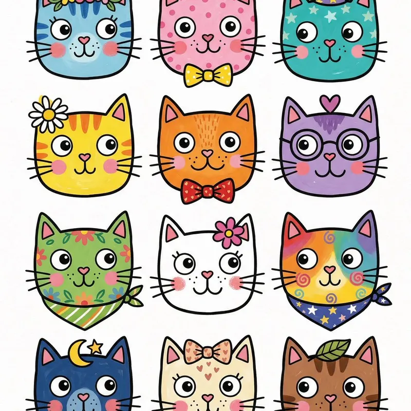 Game Asset - Stylized Grid of Whimsical Cat Faces