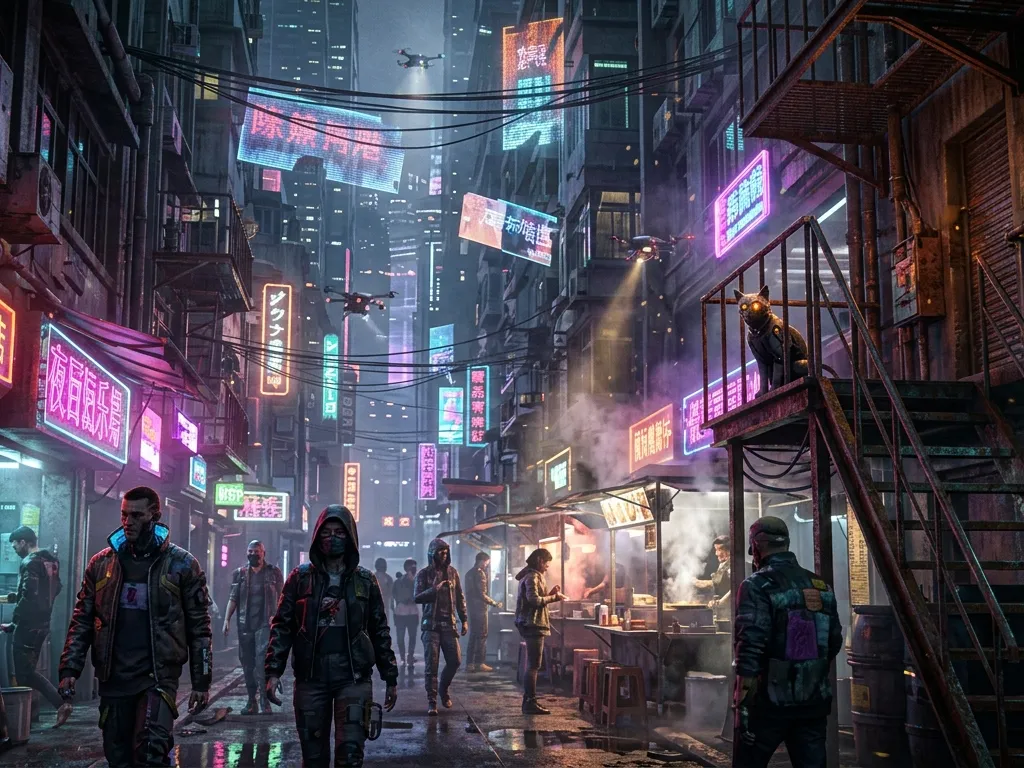 Hyperreal Cyberpunk Neon Market Vista