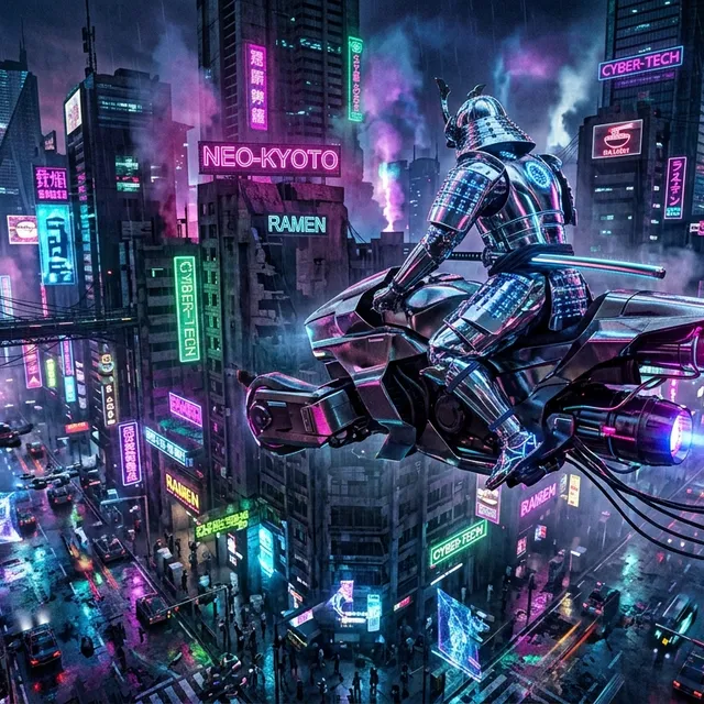Neon Tech-Noir Chrome Samurai Vista