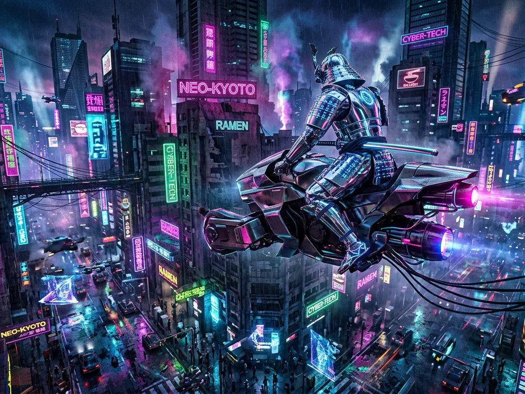 Neon Tech-Noir Chrome Samurai Vista