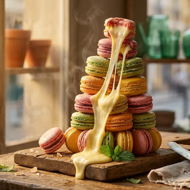 Golden Hour Macaron Tower with Molten Cheese Pull
