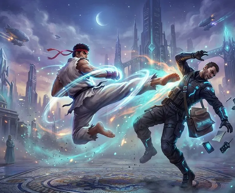 Game Asset - Ryu Performing Tatsumaki Senpukyaku on a Spy in Final Fantasy Style