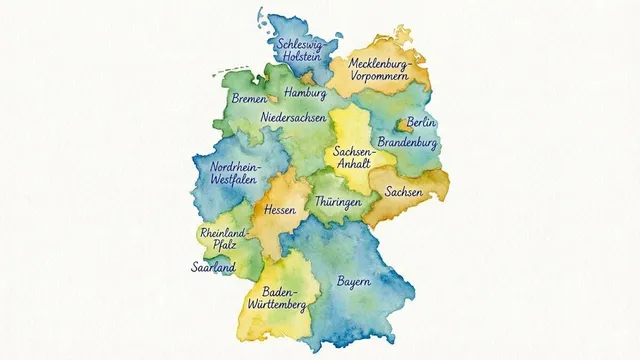 Watercolor map of Germany with labeled states