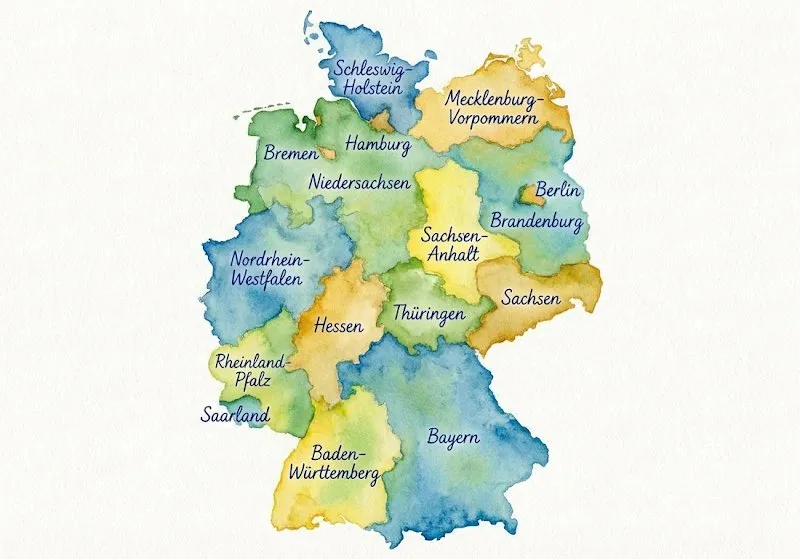 Watercolor map of Germany with labeled states