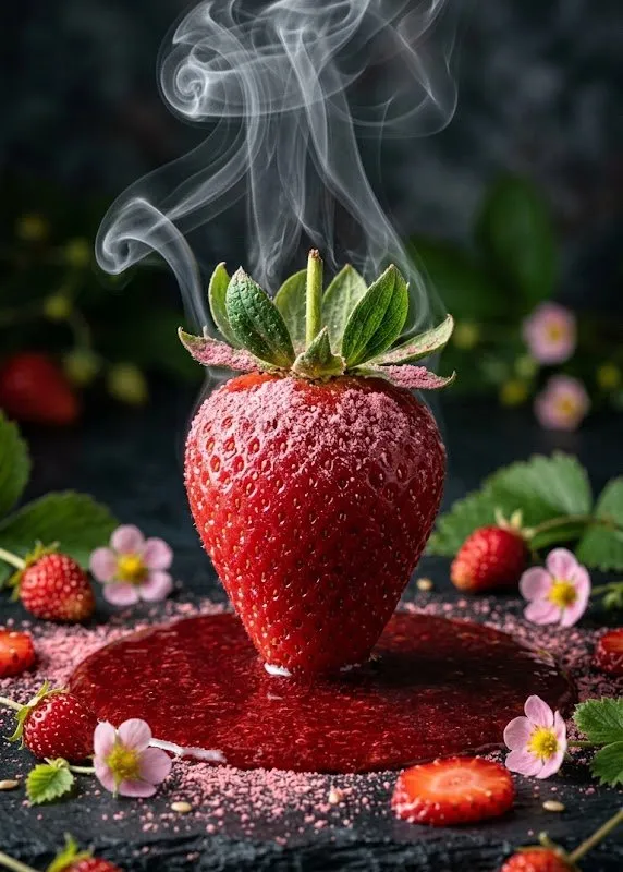 E-commerce Main Image - Cinematic Macro Photograph of a Strawberry in Syrup