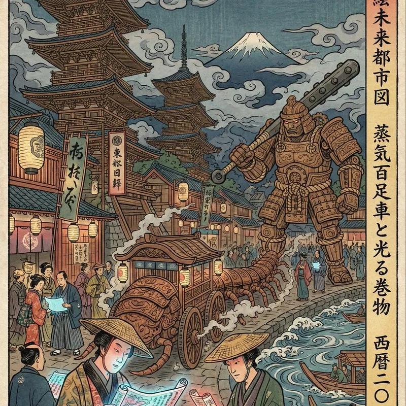 Edo-period Ukiyo-e reinterpretation of a modern scene