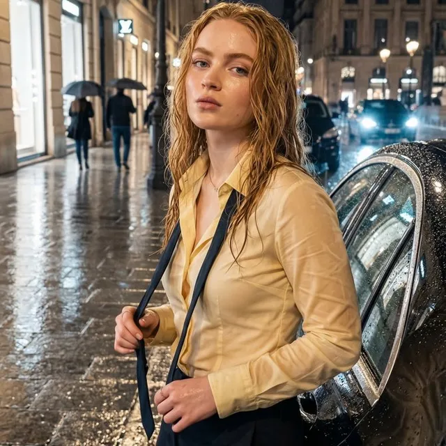 Product Marketing - Rain-Soaked Night Portrait in European Boulevard