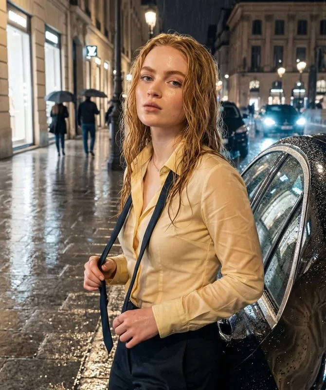 Product Marketing - Rain-Soaked Night Portrait in European Boulevard