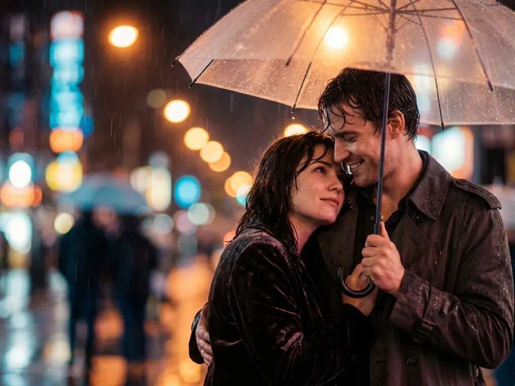 Neo-Noir Rainlit Couple Portrait
