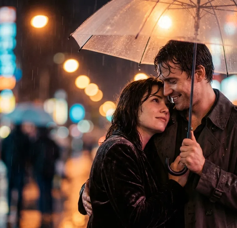 Neo-Noir Rainlit Couple Portrait