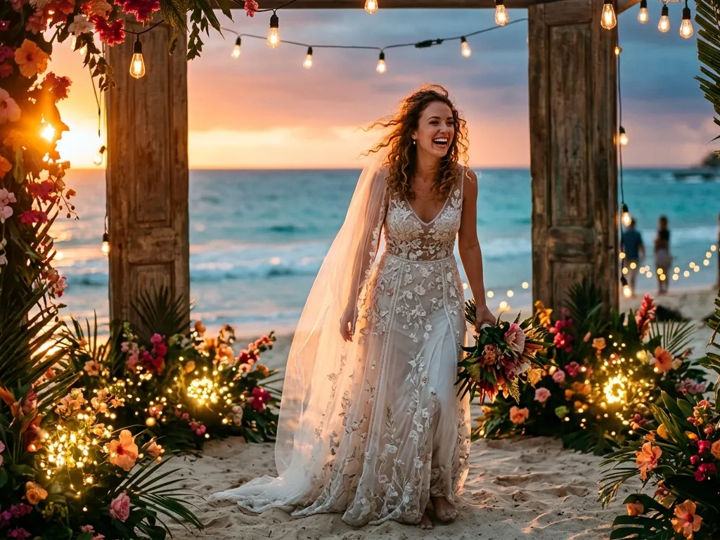 Cinematic Tropical Sunset Wedding Portrait